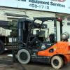 1766 Doosan model GP25E-5 serial # FGA08-1820-04449, 5000 lb. lifting capacity, Dual fuel, Quad mast, 240" raised height, Side shift, Solid pneumatic non marking tires, 3166.7 hours